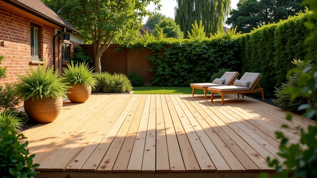 Completed wooden deck with natural finish in backyard landscape setting