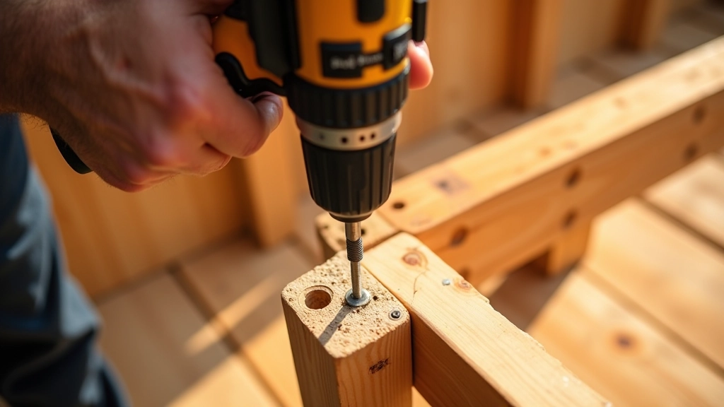 Builder's hands using a power drill to secure wooden deck boards onto the frame structure