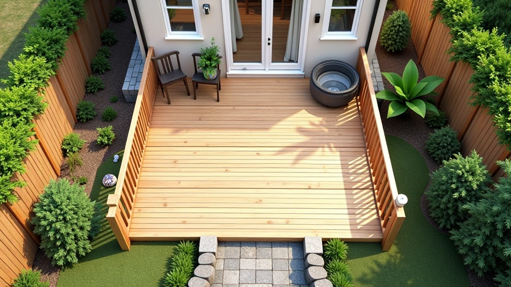 Aerial view of a small urban deck design integrated into a compact backyard space with surrounding vegetation and patio access