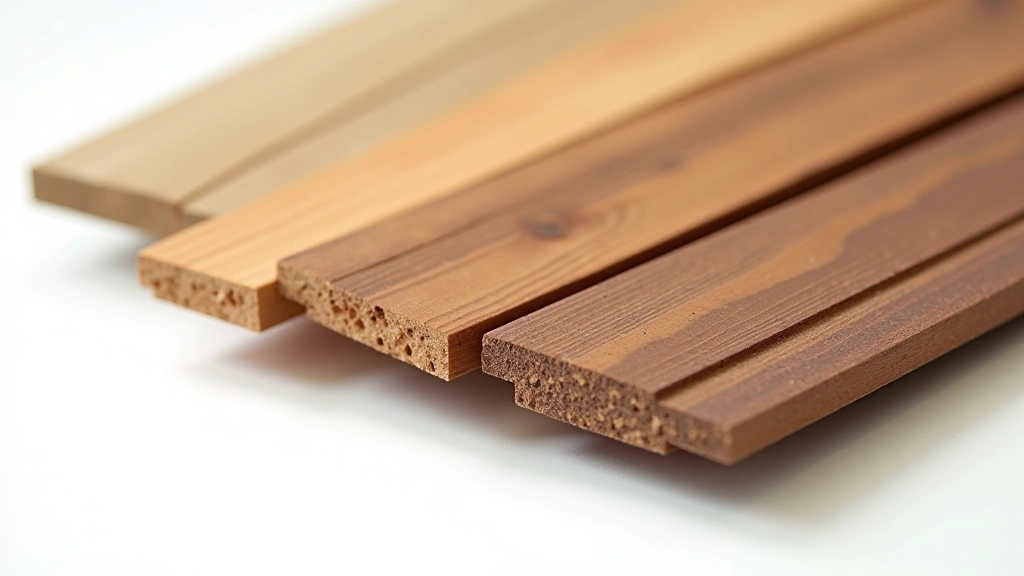 Composite deck board samples in various colors and finishes displayed on a white surface, showing texture and grain detail