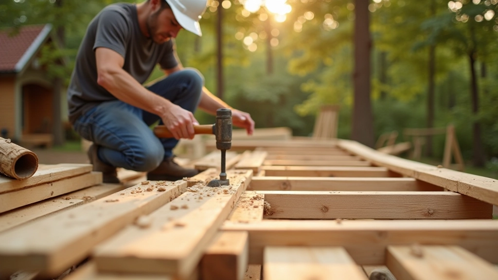 Worker building wooden deck structure with tools