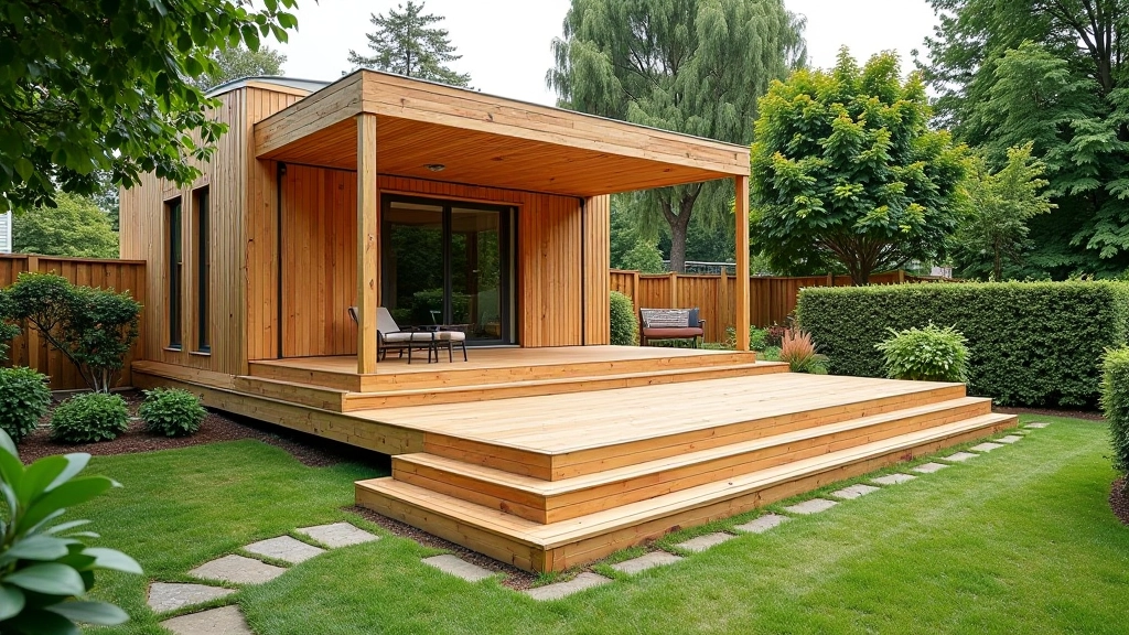 Wooden deck built on sloped terrain with proper drainage, integrated with surrounding garden landscaping and shade structures
