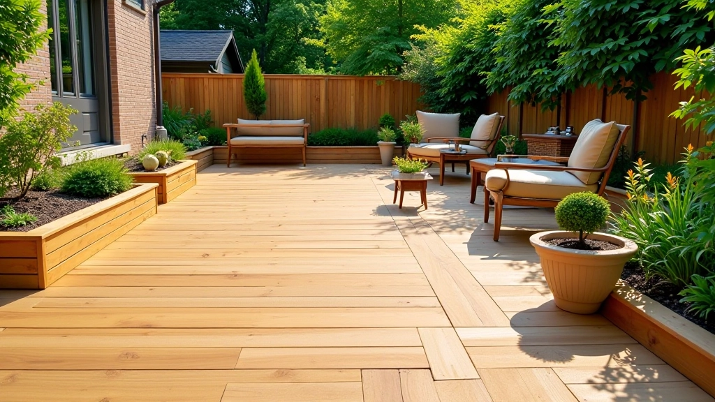Wooden deck in backyard showing proper sealing and staining with natural finish, surrounded by garden landscaping