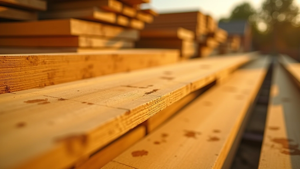 Freshly cut pressure-treated lumber with yellow tint stacked in organized piles at a lumberyard, ready for purchase