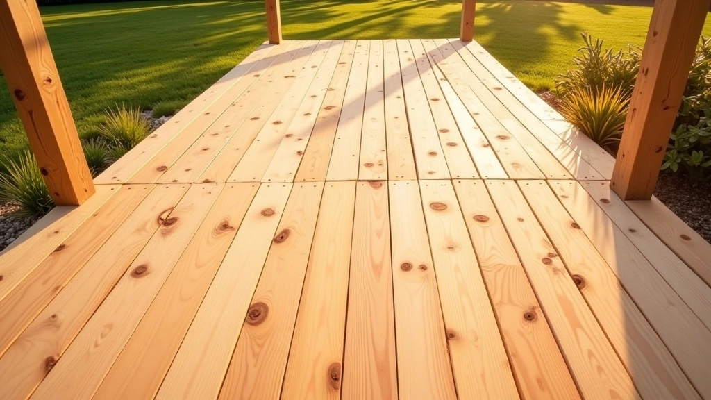 Completed wooden deck surface showing properly spaced boards in staggered pattern, afternoon light casting shadows