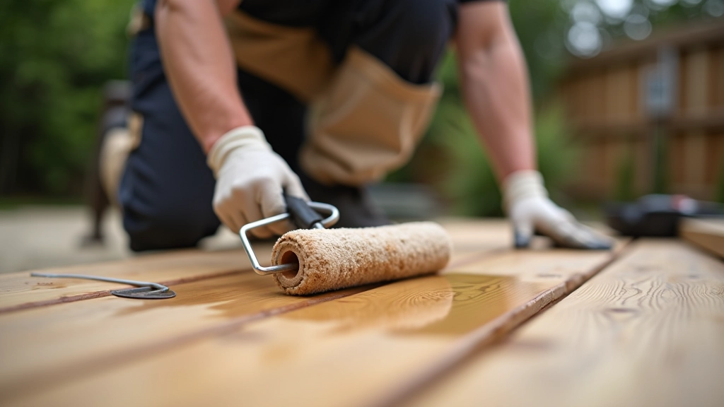 Person applying stain to wooden deck boards using paint roller, demonstrating proper technique with even strokes