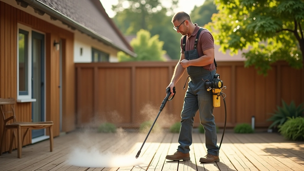Person using pressure washer on wooden deck, cleaning and removing old finish and debris before sealing