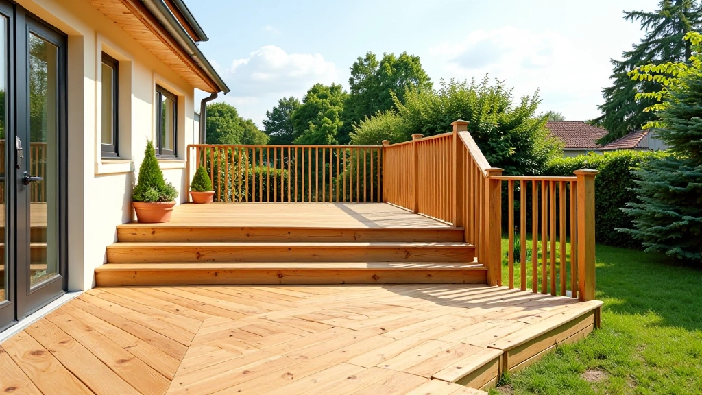 Vilnius backyard showing a well-maintained wooden deck with integrated stairs and railing system, surrounded by local architecture