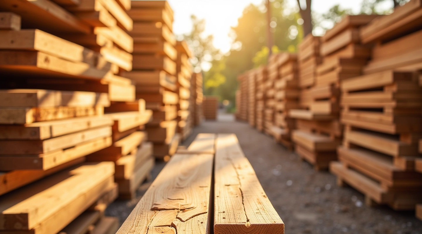 Close-up of pressure-treated timber lumber stacked in organized rows at a material supplier yard