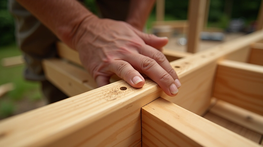 Detail of wooden deck construction showing timber joinery and structural elements