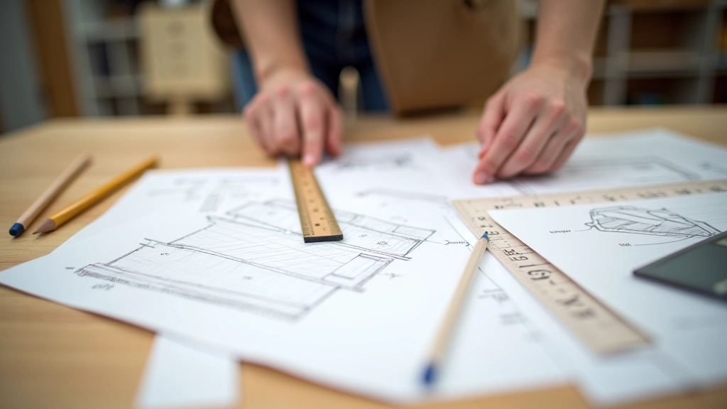 Wooden deck design sketches and planning materials