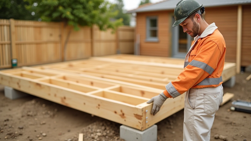 Close-up of deck frame construction showing wooden joists, beams, and support structure with bolted connections