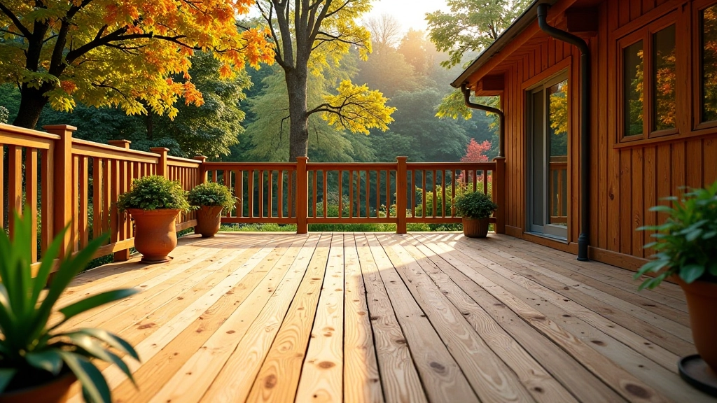 Wooden deck in different seasons showing weather effects, from bright summer to rain-covered winter conditions