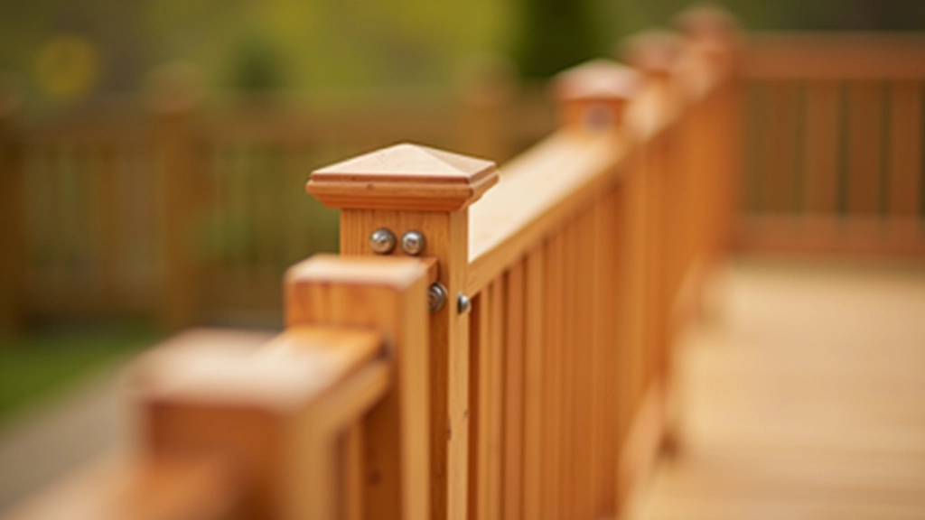 Close-up of wooden deck railing system showing proper baluster spacing and mounting hardware, demonstrating safety code compliance