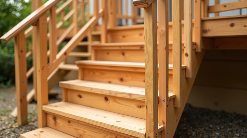 Detail of wooden deck stairs with proper tread depth, riser height, and handrail installation meeting safety standards
