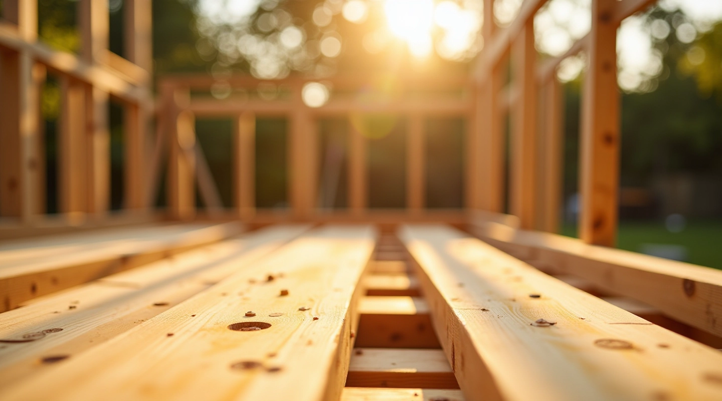 Professional wooden deck construction in progress showing frame and joists